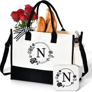 Birthday Gift Initial Canvas Tote – Personalized Bag for Women, Mom, Teacher (N)